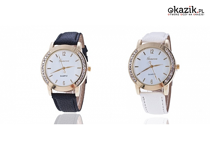 Klasyczny zegarek damski: na skórzany pasku z białym cyferblatem, złotymi wykończeniami, ozdobiony cyrkoniami. (17 zł)