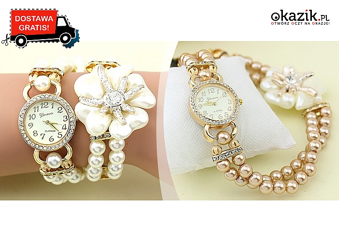 Przepiękne zegarki – bransoletki damskie. Z podwójnym rzędem pereł i eleganckim kwiatem. Wysyłka GRATIS! (39 zł)