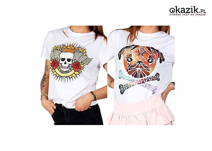 Modne T-shirty z rozcięciami i nadrukami – artystycznymi grafikami: czaszka lub głowa psa. (49 zł)