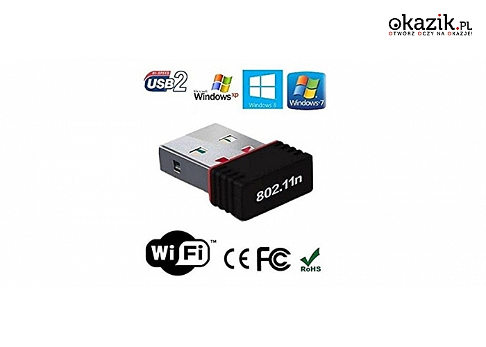 Karta sieciowa- mini adapter WIFI pozwala na szybką bezprzewodową transmisję danych z prędkością do 150Mb/s (19,99 zł)