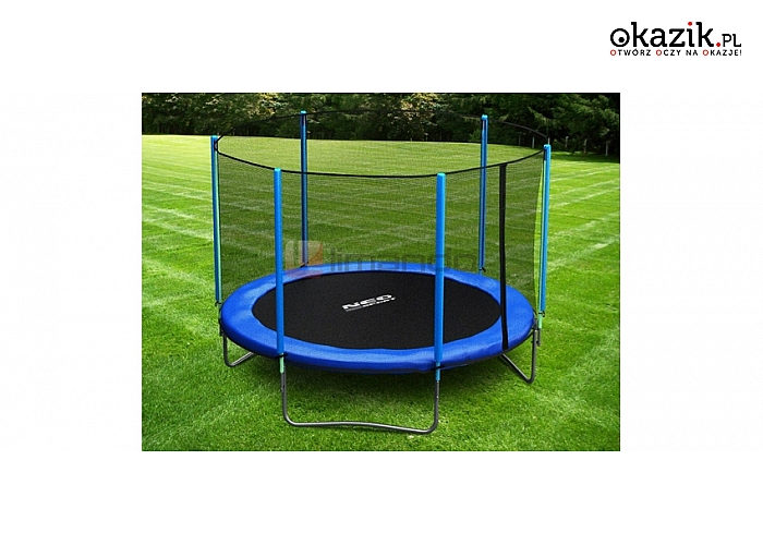 Ogrodowa trampolina z akcesoriami i drabinką. Średnica 312 cm (529 zł)