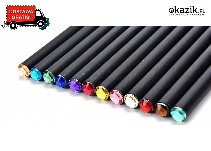 Zestaw 12 stylowych ołówków: czarne drewno i kolorowy kryształek. Wysyłka GRATIS! (20 zł)