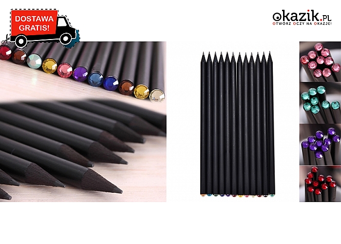 Zestaw 12 stylowych ołówków: czarne drewno i kolorowy kryształek. Wysyłka GRATIS! (20 zł)