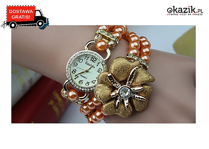 Przepiękne zegarki – bransoletki damskie. Z podwójnym rzędem pereł i eleganckim kwiatem. Wysyłka GRATIS! (39 zł)