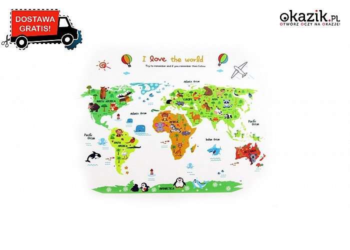 Kolorowa naklejana mapa świata ze zwierzętami! Doskonała na ścianę do dziecięcego pokoju! (25zł)