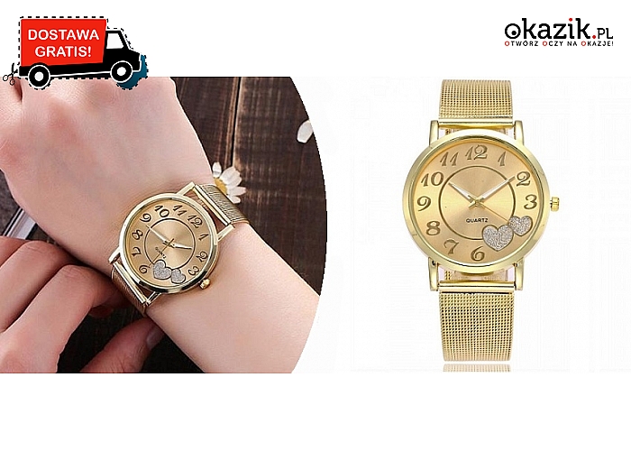 Zegarek „Love” w odcieniu jasnego złota na bransolecie, ozdobiony 2 srebrzystymi serduszkami. Wysyłka GRATIS!