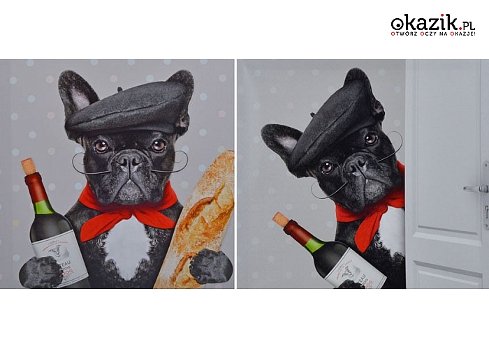 Zabawny obraz z eleganckim, francuskim psem z winem w łapce, dwa warianty. (32 zł)