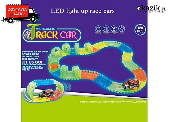 PODŚWIETLANE TORY Led Light Up Race Cars zawierające 128 elementów i pojazd samochodowy! 2 modele