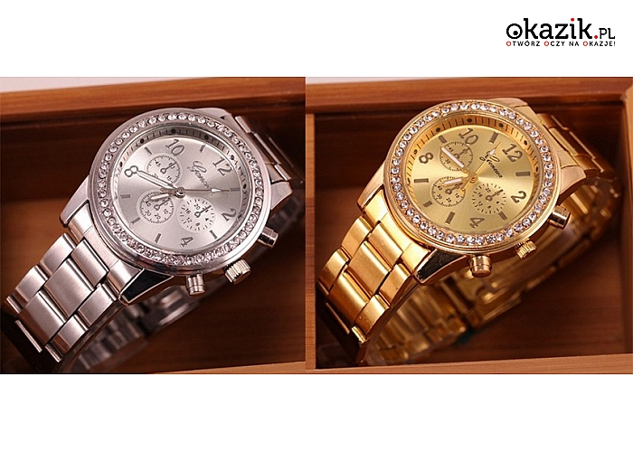 Elegancki zegarek damski Geneva: z elegancką bransoletą i kryształkami, do wyboru: srebrny lub złoty