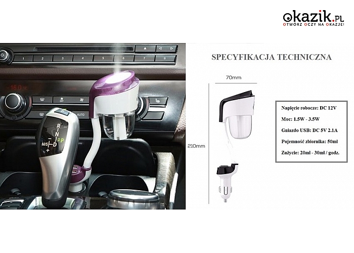 Dyfuzor – odświeżacz powietrza do samochodu, podłączany do gniazda zapalniczki + olejek zapachowy GRATIS!