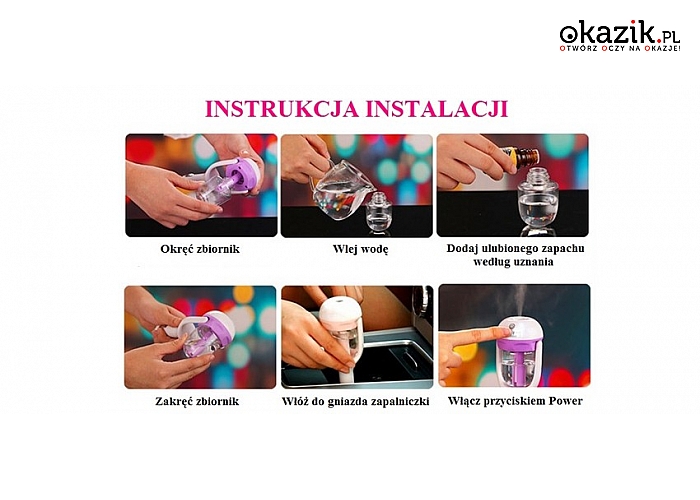 Dyfuzor – odświeżacz powietrza do samochodu, podłączany do gniazda zapalniczki + olejek zapachowy GRATIS!