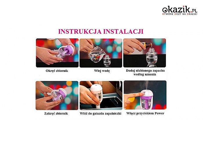 Dyfuzor – odświeżacz powietrza do samochodu, podłączany do gniazda zapalniczki + olejek zapachowy GRATIS!