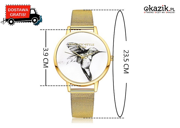 Modny i luksusowy zegarek damski z Kolibrem! Doskonały na prezent! Niezawodny mechanizm kwarcowy!
