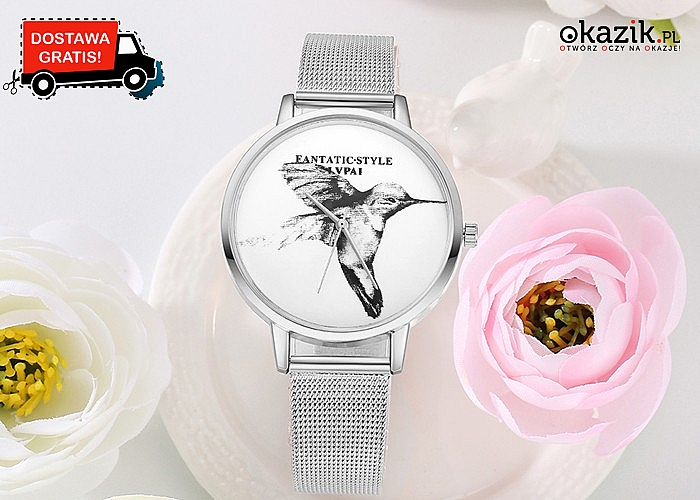 Modny i luksusowy zegarek damski z Kolibrem! Doskonały na prezent! Niezawodny mechanizm kwarcowy!