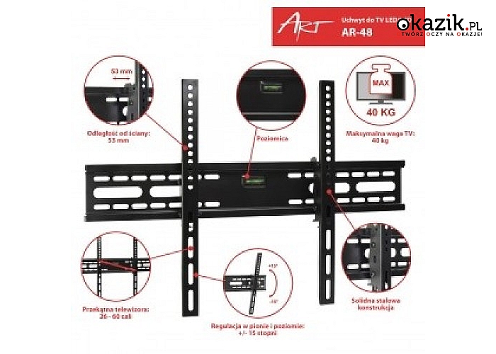 ART: Uchwyt do TV LCD/LED 26-60" 40KG AR-48 rugulowany w pionie
