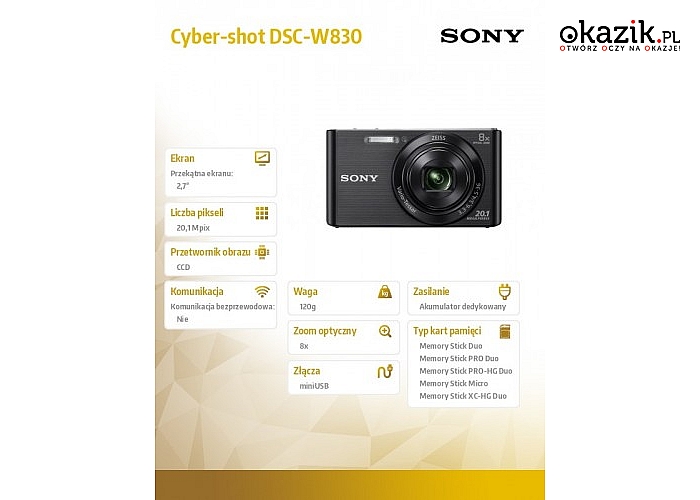 Cyber-shot DSC-W830 black od SONY. Szybki system AF i stabilizator obrazu Optical SteadyShot