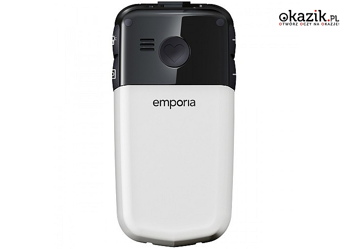 Telefon GLAM V34 Emporia w kolorze białym. W zestawie kabel MicroUSB z zasilaczem USB AC, bateria i ładowarka