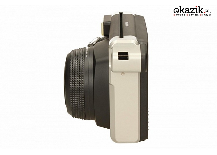 Instax WIDE 300 black od Fujifilm. Model korzysta z wkładów o wymiarach 86 x 108 mm, gdzie obraz ma rozmiary 62 x 99 mm