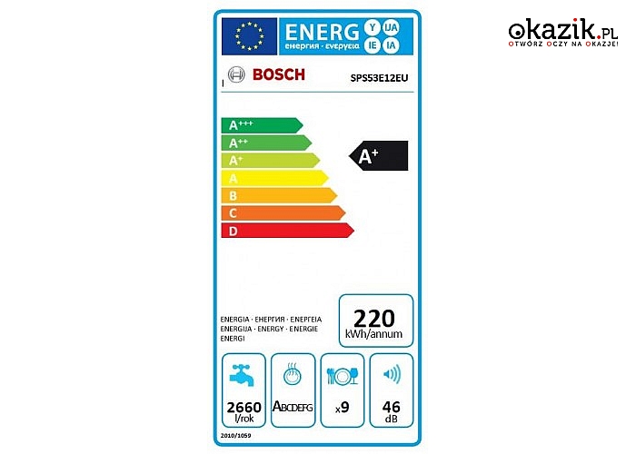 Zmywarka Bosch SPS53E12EU o klasie energetycznej A+, z 5 programami, 4 temperaturami i pojemnością 9 kompletów