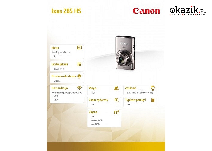 Aparat Canon: Ixus 285 HS SILVER 1079C001AA
