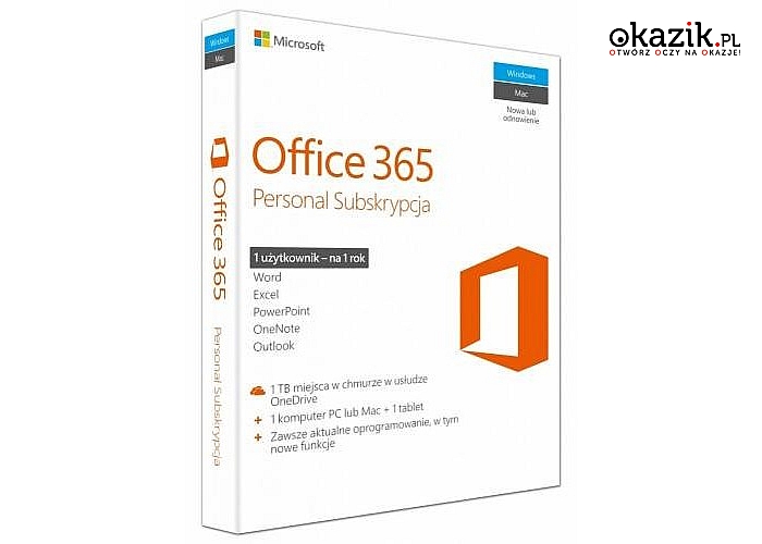 Microsoft: Office 365 Personal PL P2 1Y 1 Użytkownik /1 komputer PC lub Mac QQ2-00535. Stare SKU: QQ2-00075