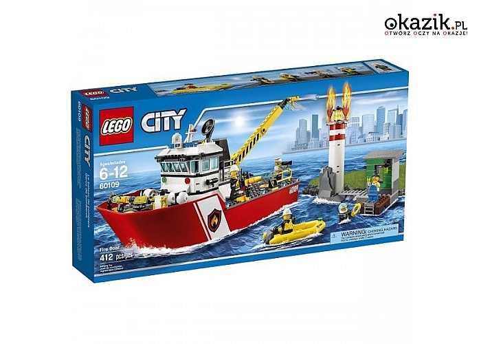 Lego: City Łódź strażacka. Czyżby jakiś pożar na wyspie, na której jest latarnia morska, płomień widać z daleka.