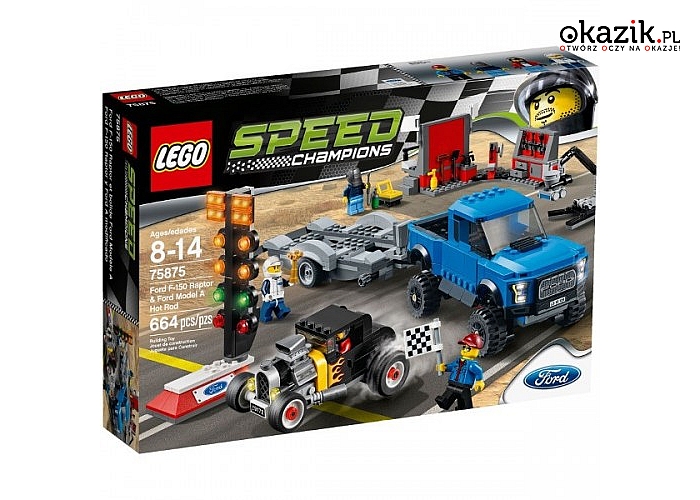 Lego: Ford F-150 Raptor i Ford Model A Hot Rod. W warsztacie-podnośnik do silnika, spawarka i zbiornik na olej
