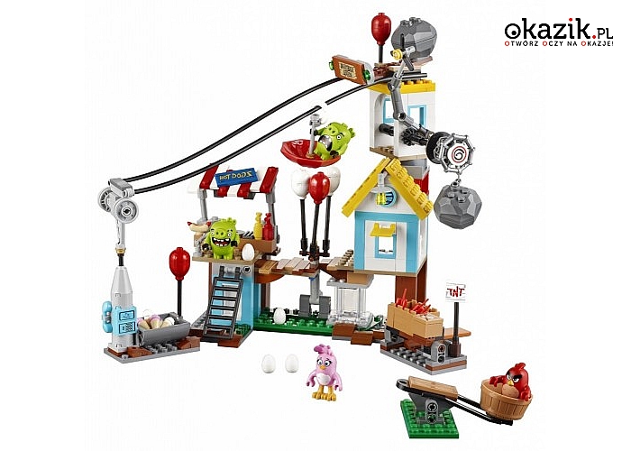 Angry Birds Demolka w Pig City od LEGO. Katapulta dla ptaków, parasol, 5 jajek, 3 laski dynamitu i wiele innych