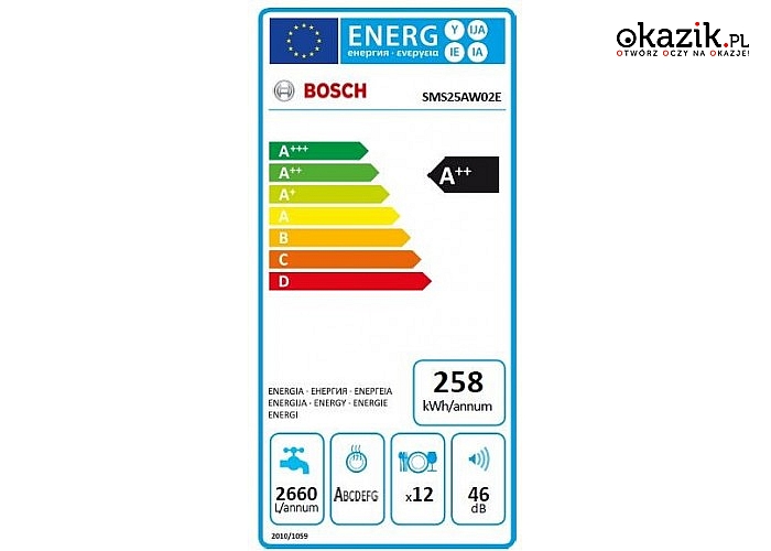 Zmywarka Bosch SMS25AW02E. Klasa energetyczna A++, 5  programów i temperatur oraz pojemność 12 kompletów