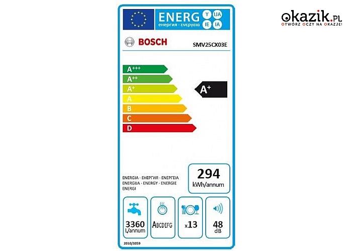 Zmywarka Bosch SMV25CX03E. Klasa energetyczna A+, 5 programów i temperatur oraz pojemność 13 kompletów