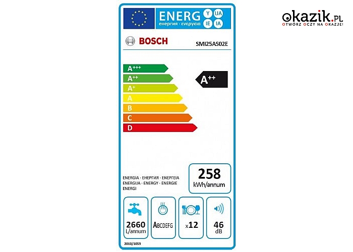 Zmywarka Bosch SMI25AS02E. Klasa energetyczna A++, 5 programów i temperatur oraz pojemność 12 kompletów