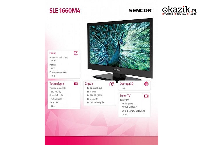 Sencor: 16'' Telewizor SLE 1660M4 HD READY, Tuner DVB-T/V,USB