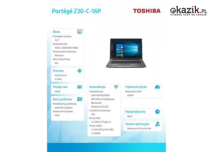 Toshiba: Portege Z30-C-16P W10P/i7-6500/8/512SSD/13
