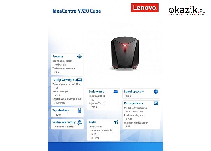 Lenovo: IdeaCentre Y720 Cube-15ISH  90H2002SPB W10H i5-7400/8GB/1T+128GB/GTX1080