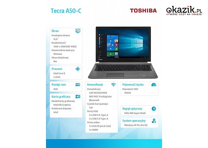 Toshiba: Tecra A50-C-1ZT W10 PRO i5-6200U/8/256SSD/15.6