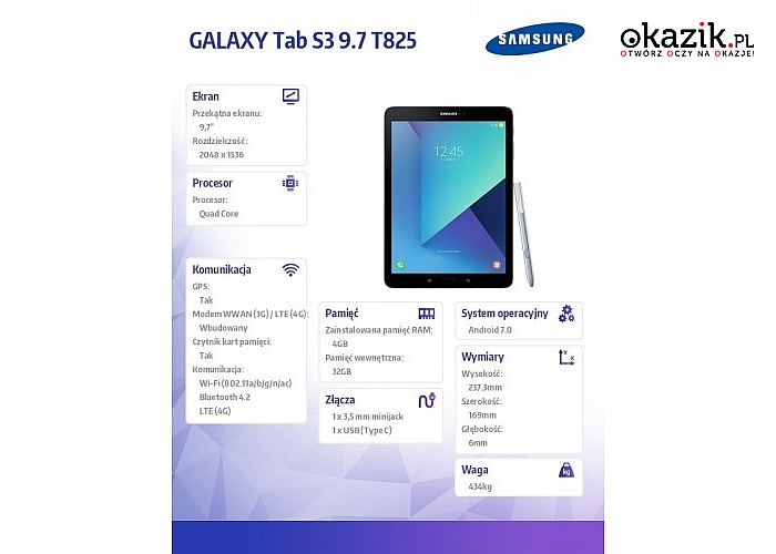Samsung: GALAXY Tab S3 9.7 T825 32 GB S-PEN LTE SILVER