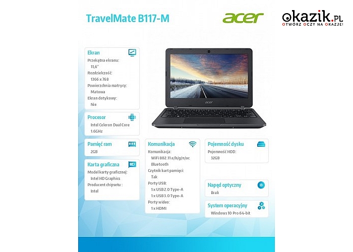 Acer: TravelMate B117-M WIN10P N3060/2/IntHD400/11.6''