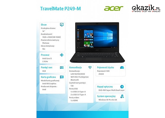 Acer: TravelMate P249-M WIN10PRO i5-6200U/8/256SSD/14''