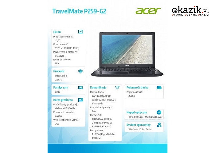 Acer: TravelMate P259-G2 WIN10PR i5-7200U/8/256SSD/15.6''