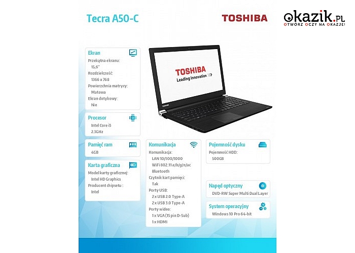 Toshiba: Satelite Pro A50-C-204 W10PRO i5-6200U/4/500/15.6''