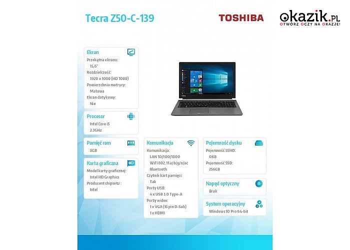 Toshiba: Tecra Z50-C-139 WIN10PR i5-6200U/8/256SSD/15.6''