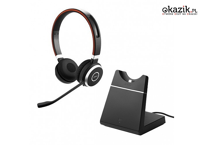 Zestaw słuchawkowy Evolve 65 UC Stereo + charging stand od Jabra. Praca do 10 h i zasięg łączności bezprzewodowej 30 m