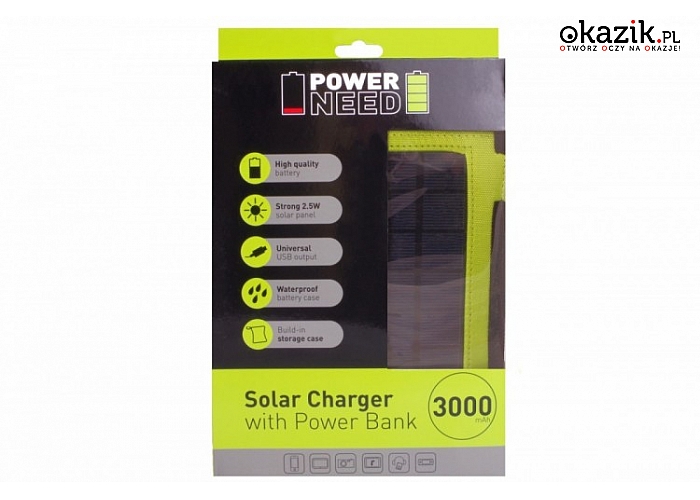 SUNEN: PowerNeed - Ładowarka solarna 2.5W z akumulatorem 3000mAh, Li-Poly, zielona