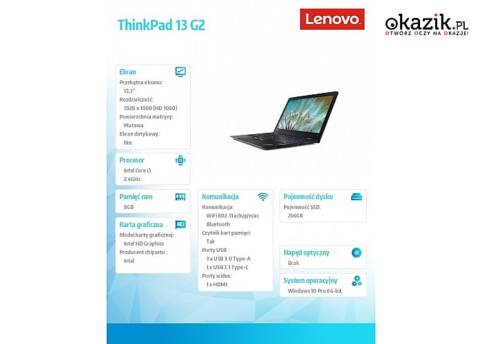 Lenovo: ThinkPad 13 G2 20J1004EPB W10Pro i3-7100U/8GB/256GB/INT/13.3" FHD/1YR CI