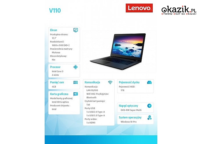Lenovo: V110-17IKB 80V20197PB W10Pro i3-7100U/4GB/1TB/INT/17.3" HD+/INT/2YRS CI