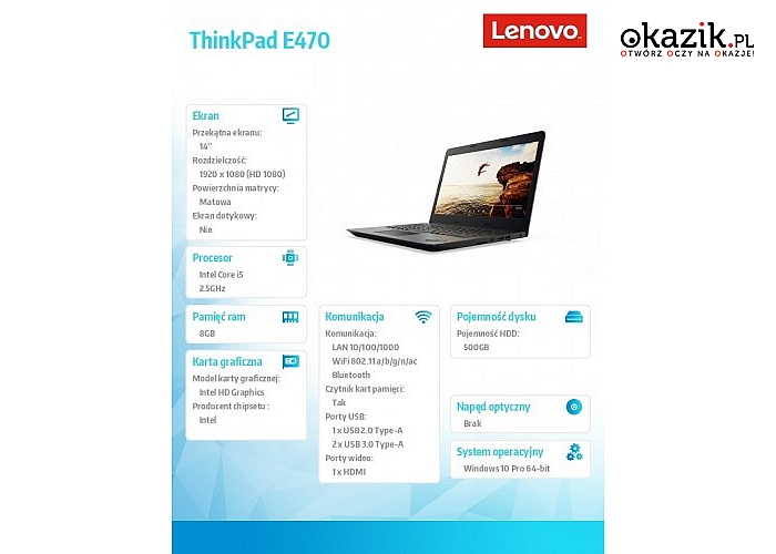 Lenovo: ThinkPad E470 20H1007MPB W10Pro i5-7200U/8GB/500GB/INT/14" FHD AG/1YR CI