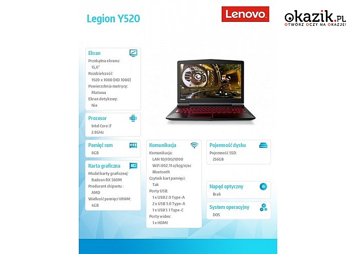 Lenovo: Legion Y520-15IKBA  80WY001BPB DOS i7-7700HQ/8GB/256/RX560M/15/2YRS CI
