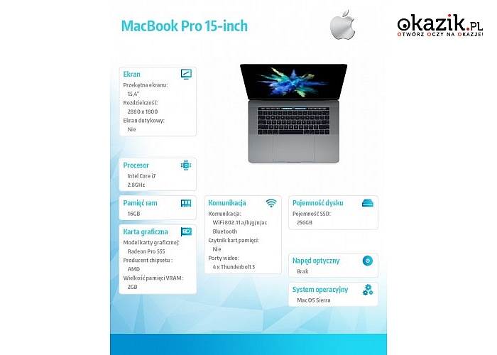 Apple: MacBook Pro 15 Touch Bar, i7 2.8GHz/16GB/256GB SSD/Radeon Pro 555 2GB - Space Grey