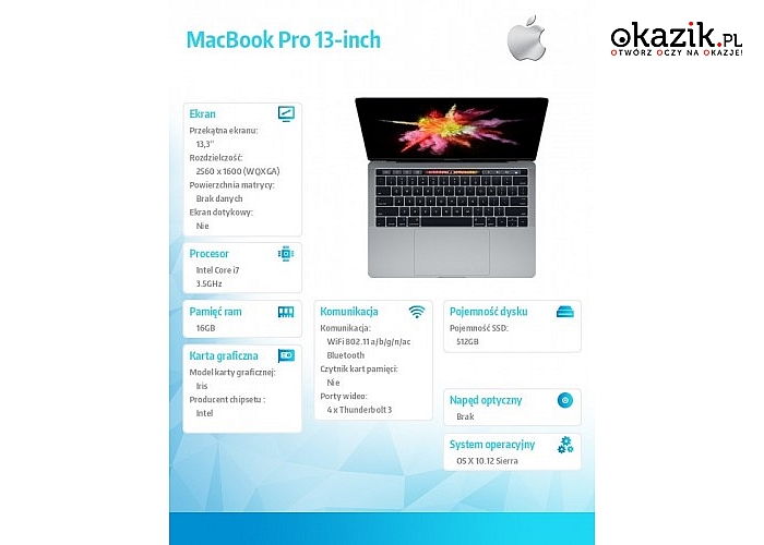Apple: MacBook Pro 13 Touch Bar, i7 3.5GHz/16GB/512GB SSD/Intel Iris Plus 650 - Space Grey MPXW2ZE/A/P2/R1