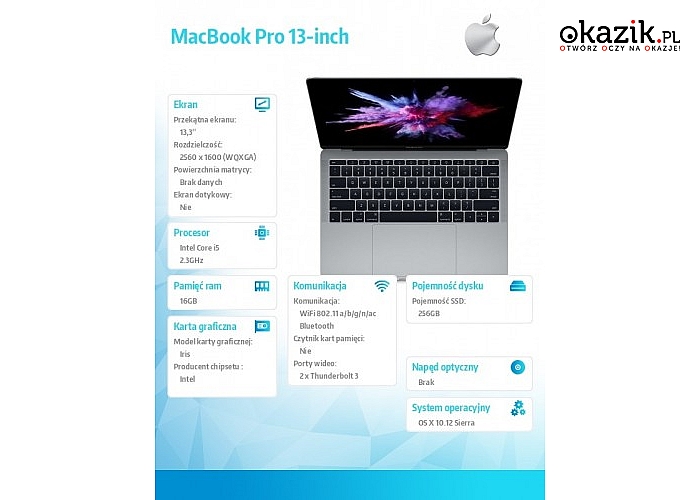 Apple: MacBook Pro 13, i5 2.3GHz/16GB/256GB SSD/Intel Iris Plus 640 - Space Grey MPXT2ZE/A/R1